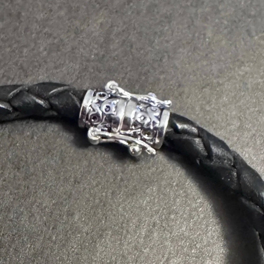 Black Braided Leather Charm Bracelet Silver Heart Ballet Shoe Dangle